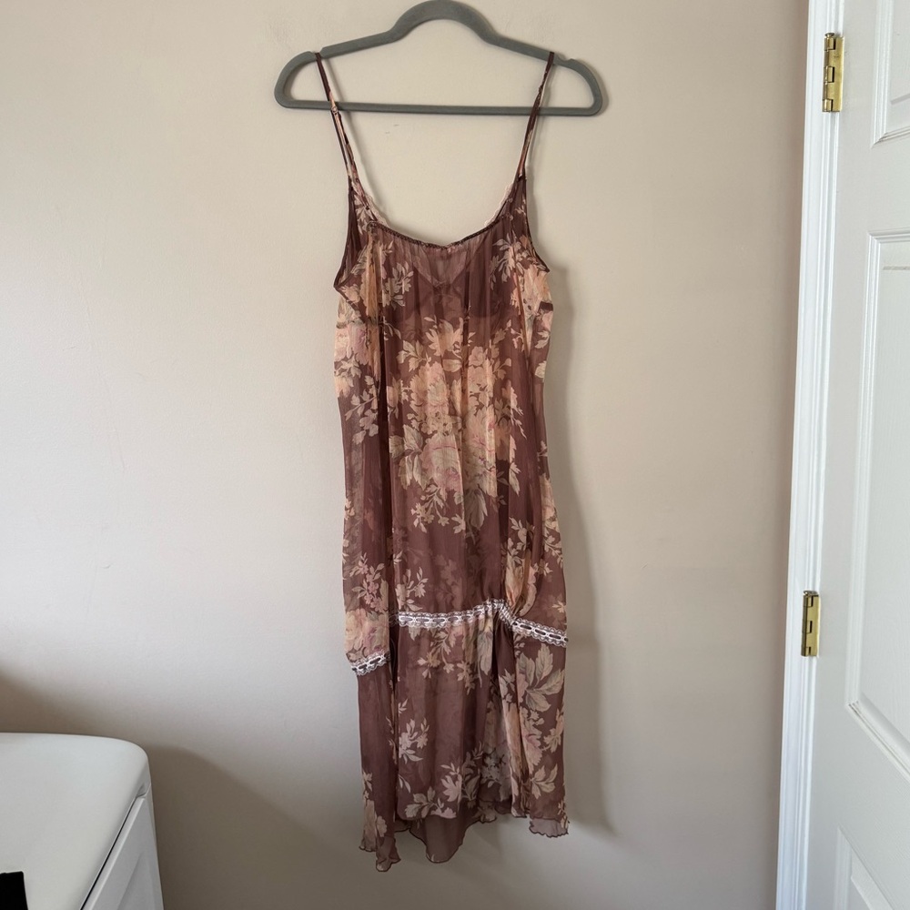 Vintage 2003 Victoria's Secret Floral 100% Silk Slip Brown Pink White Y2K - Picture 4 of 8